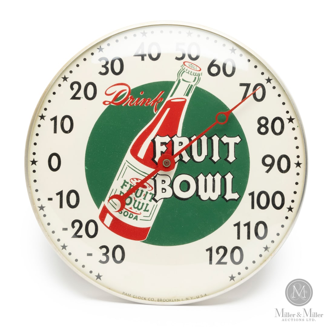Fruit Bowl Soda Thermometer: American. 1960s. Lithographed tin dial thermometer. Original glass crystal. Aluminum frame. Dial marked, "Pam clock co. Brooklyn 1 NY USA", lower edge. All items are guaranteed authentic by Miller & M