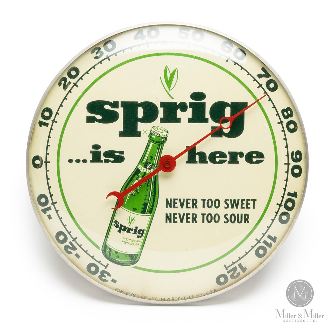 Sprig Soda "Never Too Sweet Never Too Sour" Thermometer: American. 1960s. Lithographed tin dial thermometer. Original glass crystal. Aluminum frame. Dial marked, "Pam clock co inc. New Rochelle NY USA", lower edge. All items are guaranteed authentic by Mill