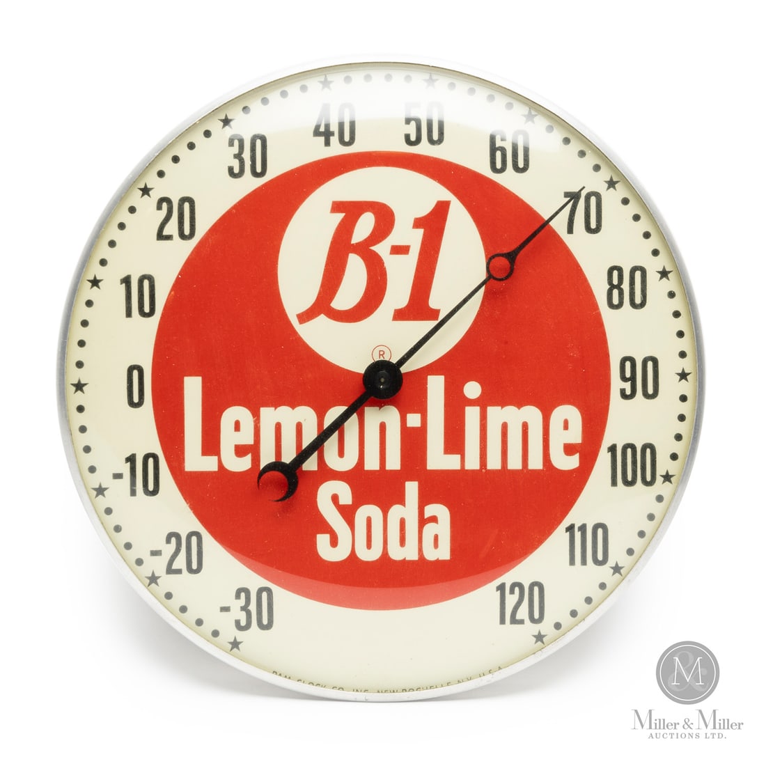 B-1 Lemon-Lime Soda Thermometer: American. 1960s. Lithographed tin dial thermometer. Original glass crystal. Aluminum frame. Dial marked, "Pam clock co inc. New Rochelle NY USA", lower edge. All items are guaranteed authentic by Mill