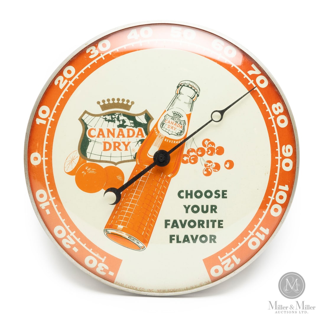 Canada Dry Orange Soda Thermometer: American. 1958. Lithographed tin dial thermometer. Original glass crystal. Aluminum frame. Dial marked, "Pam clock co inc. New Rochelle NY ©58", lower edge. All items are guaranteed authentic by
