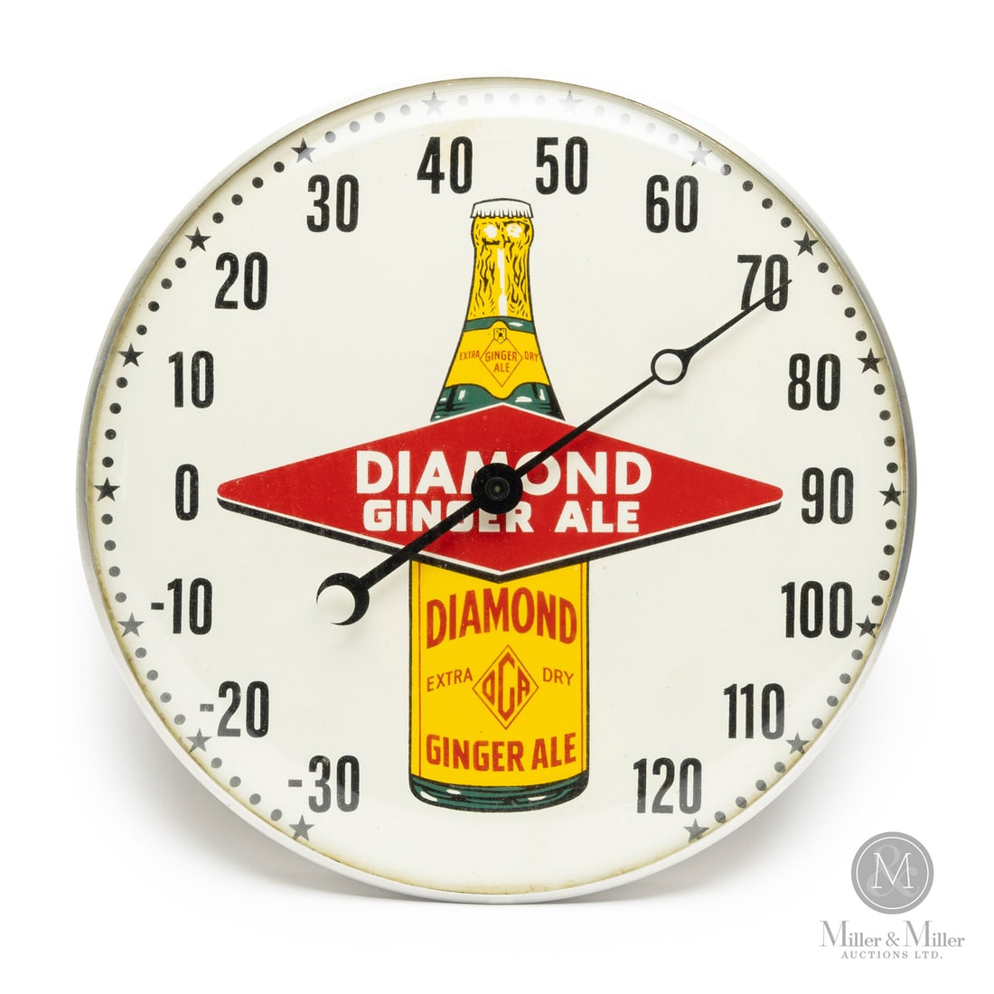 Diamond Ginger Ale Thermometer: American. 1960s. Lithographed tin dial thermometer. Original glass crystal. Aluminum frame. All items are guaranteed authentic by Miller & Miller Auctions. Size 12" Dia. x 1.25". Condition Excellent c