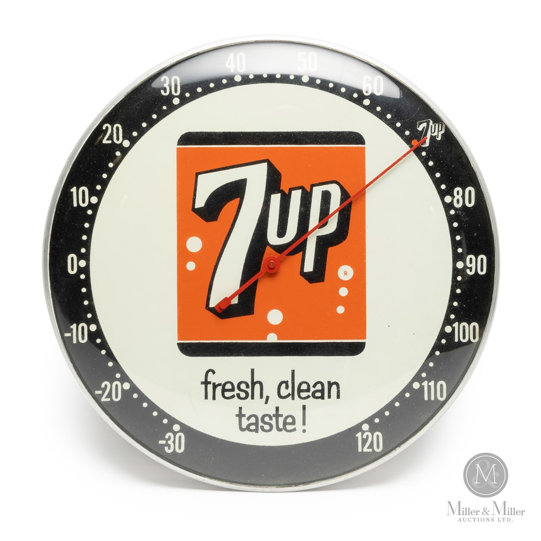 7-Up Soda "Fresh, Clean Taste" Thermometer: American. 1960s. Lithographed tin dial thermometer. Original glass crystal. Aluminum frame. All items are guaranteed authentic by Miller & Miller Auctions. Size 12" Dia. x 1.25". Condition Excellent c