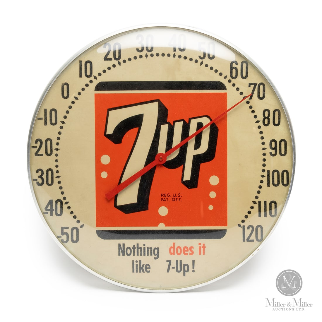 7-Up Soda "Nothing Does it Like 7-Up!" Thermometer: American. 1960s. Lithographed tin dial thermometer. Original glass crystal. Aluminum frame. All items are guaranteed authentic by Miller & Miller Auctions. Size 12" Dia. x 1.25". Condition Excellent c