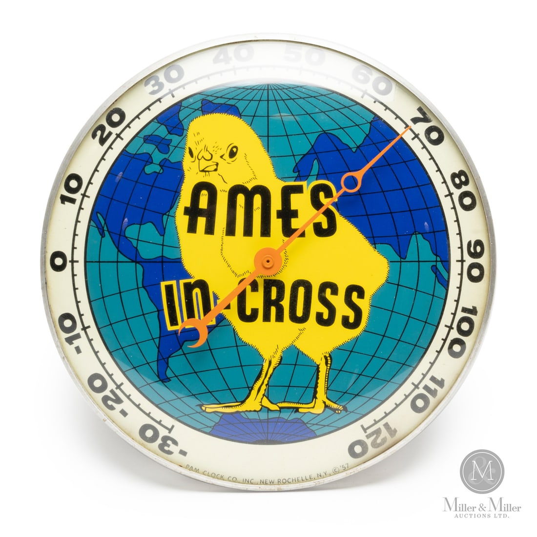 Ames In-Cross Chick Hatcheries Thermometer: American. 1957. Lithographed tin dial thermometer. Original glass crystal. Aluminum frame. Dial marked, "Pam clock co inc. New Rochelle NY ©57", lower edge. All items are guaranteed authentic by