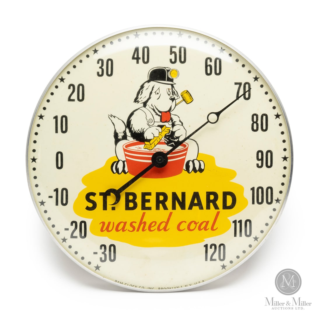 St. Bernard Washed Coal Thermometer: American. 1960s. Lithographed tin dial thermometer. Original glass crystal. Aluminum frame. Dial marked, "Pam clock co inc. Brooklyn 1 NY", lower edge. All items are guaranteed authentic by Miller &
