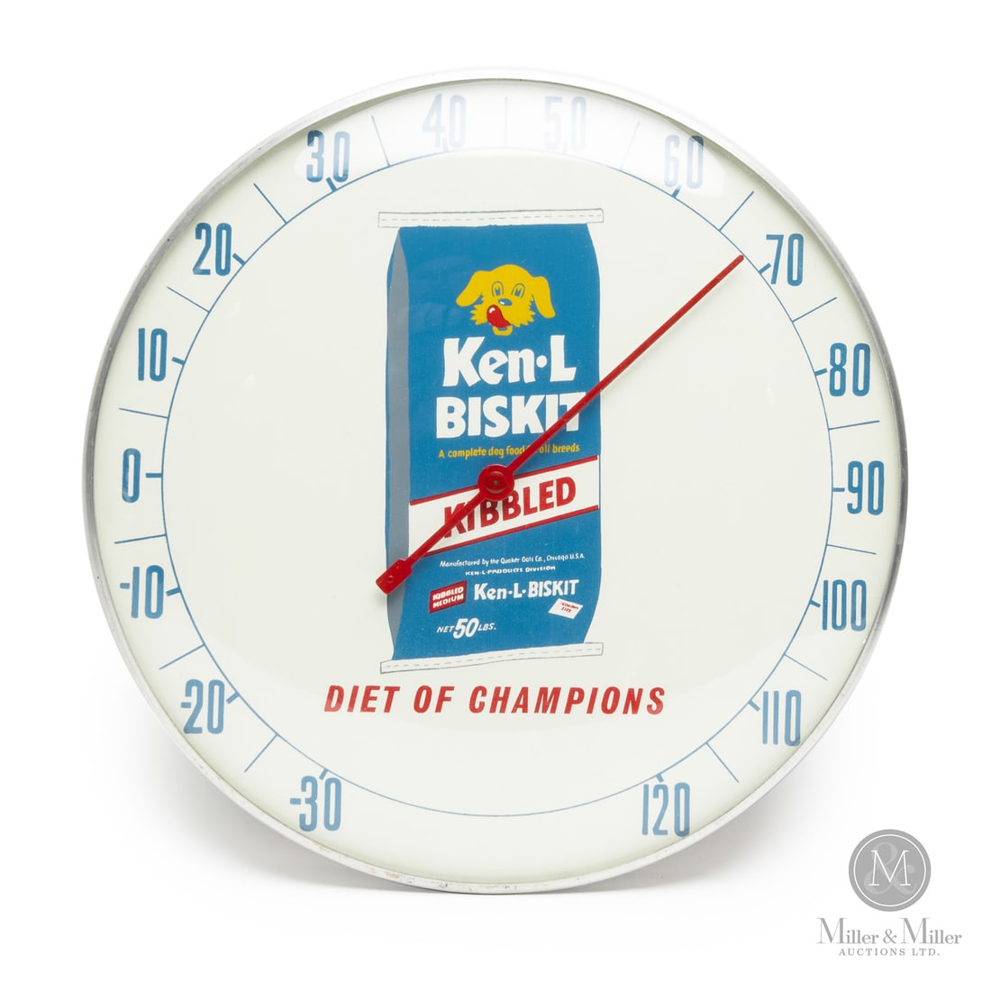 Ken-L Biskit Dog Food Thermometer: American. 1960s. Lithographed tin dial thermometer. Original glass crystal. Aluminum frame. All items are guaranteed authentic by Miller & Miller Auctions. Size 12" Dia. x 1.25". Condition Excellent c