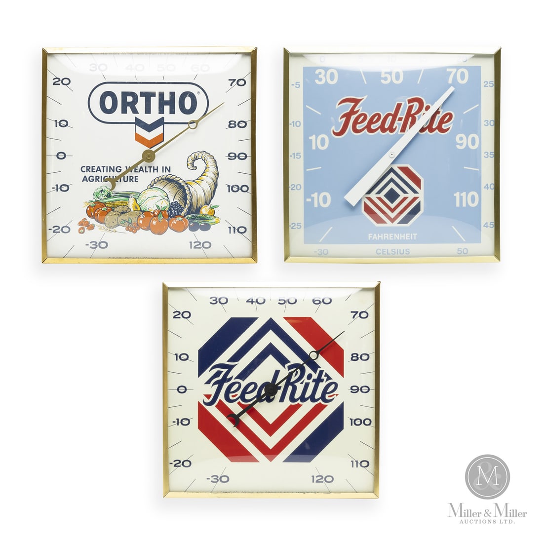 Feed-Rite and Ortho Feeds Thermometers: American. 1970s. Lithographed tin dial thermometer. Original glass crystal. Aluminum frame. Feed-Rite marked, "Pam clock co inc. New Rochelle Made in USA", lower edge. Ortho marked, "Pam clock co inc.