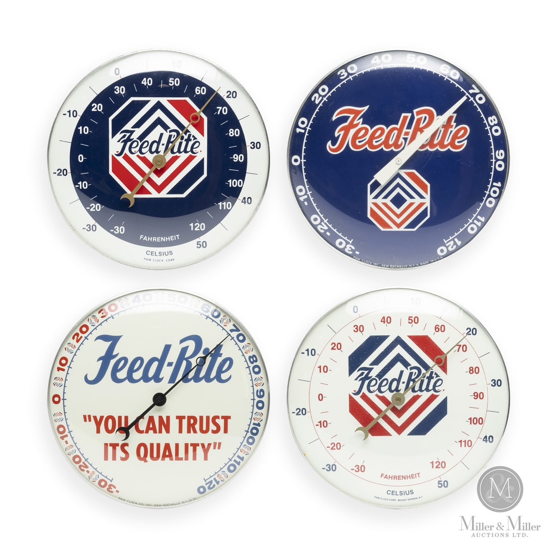 Feed-Rite Animal Feeds Thermometers: American. 1960s and 1980s. Lithographed tin dial thermometer. Original glass crystal. Aluminum frame. Dial marked, "Pam clock corp. Mount Vernon NY", lower edge. HI-D marked, "Pam clock co inc. New Ro