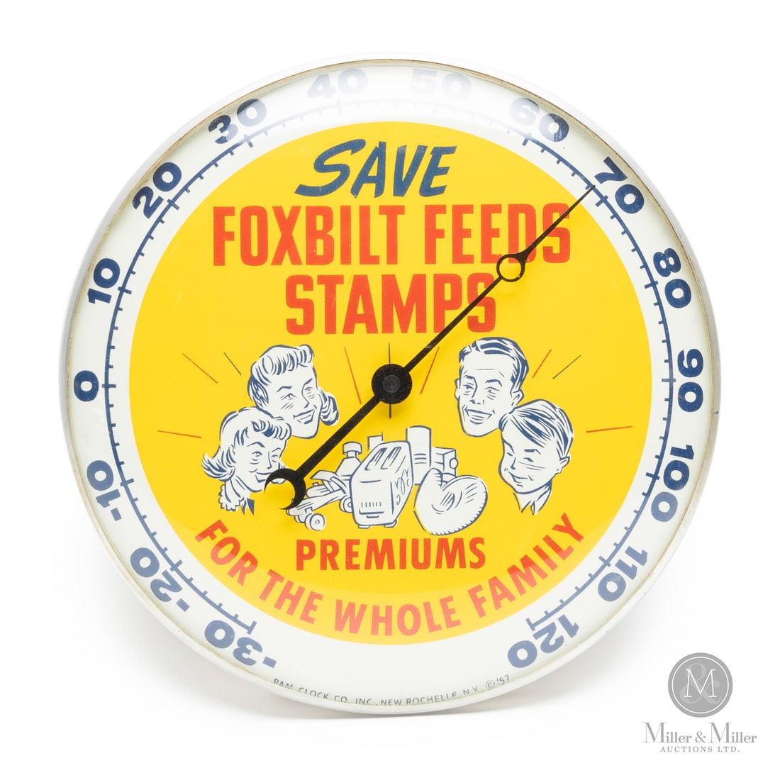 Foxbilt Animal Feeds Thermometer: American. 1957. Lithographed tin dial thermometer. Original glass crystal. Aluminum frame. Dial marked, "Pam clock co inc. New Rochelle NY ©57", lower edge. All items are guaranteed authentic by