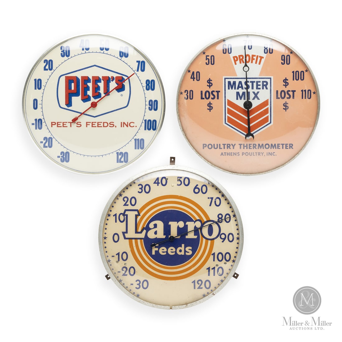 Master Mix, Peet's, and Larro Feeds Thermometers: American. 1950s and 1960s. Lithographed tin dial thermometer. Original glass crystal. Aluminum frame. Dial marked, lower edge. All items are guaranteed authentic by Miller & Miller