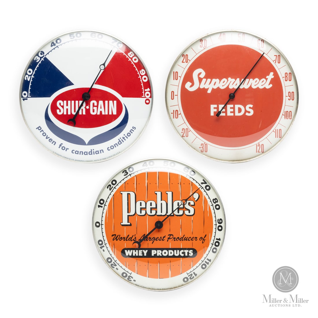 Supersweet, Shur-Gain and Peebles' Feeds Thermometers: American. 1950s and 1960s. Reverse painted glass. Aluminum body. Peebles Dial marked, "Pam clock co inc. New Rochelle NY USA ©58", lower edge. Shur Grain dial marked, "E Gordon Lowen & co.