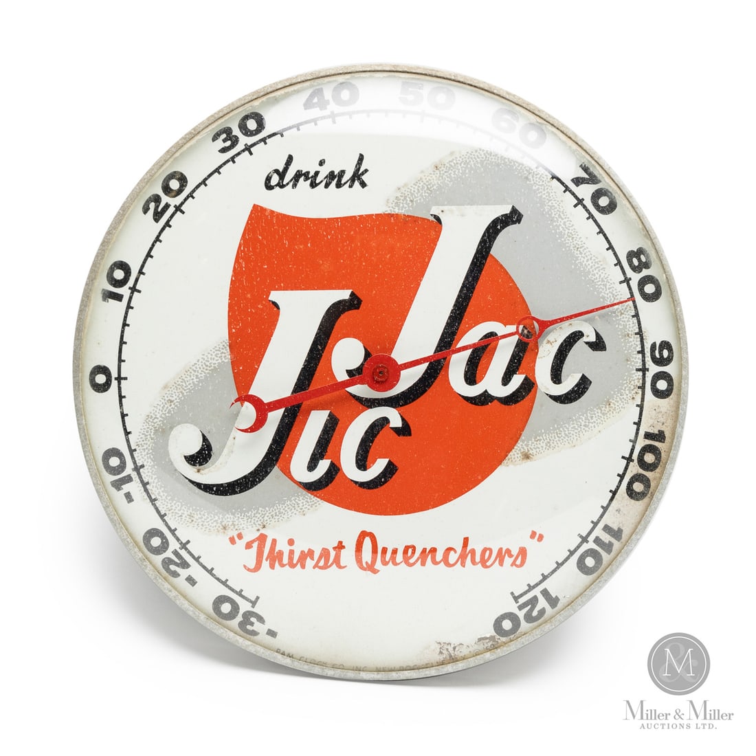 Jic Jac Soda "Thirst Quenchers" Thermometer: American. 1959. Lithographed tin dial thermometer. Original glass crystal. Aluminum frame. Dial marked, "Pam clock co inc. New Rochelle NY ©59", lower edge. All items are guaranteed authentic by