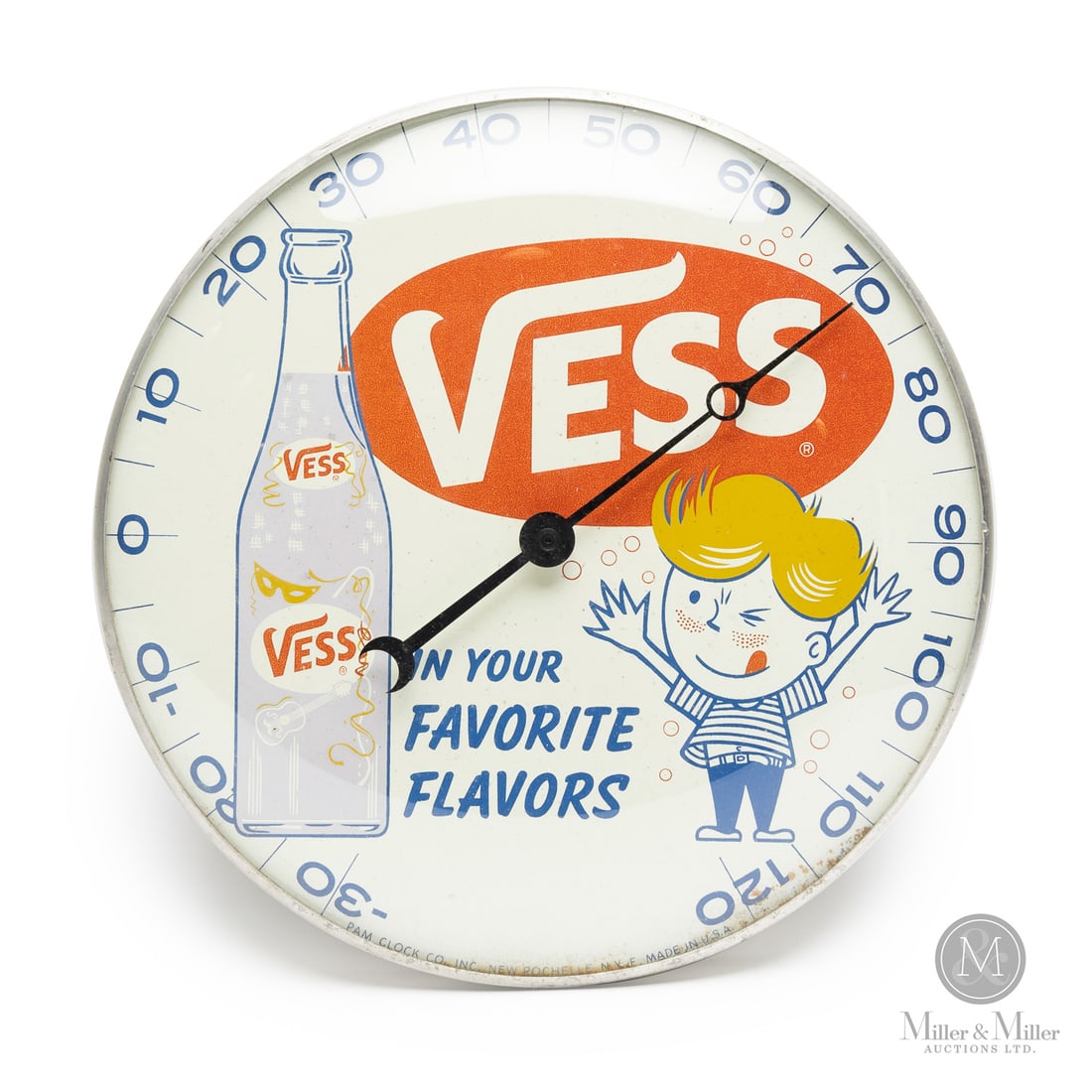 Vess Soda Thermometer: American. 1960s. Lithographed tin dial thermometer. Original glass crystal. Aluminum frame. Dial marked, "Pam clock co inc. New Rochelle NY F Made in USA", lower edge. All items are guaranteed authent