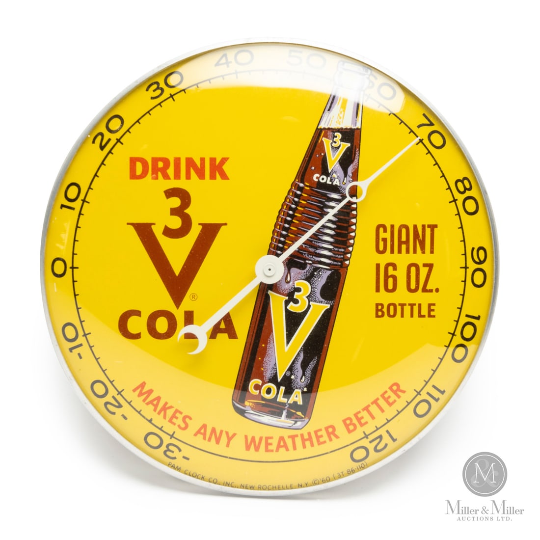 3V Cola "Makes Any Weather Better" Thermometer: American. 1960. Lithographed tin dial thermometer. Original glass crystal. Aluminum frame. Dial marked, "Pam clock co inc. New Rochelle NY ©60 (3T 86-110)", lower edge. All items are guaranteed a