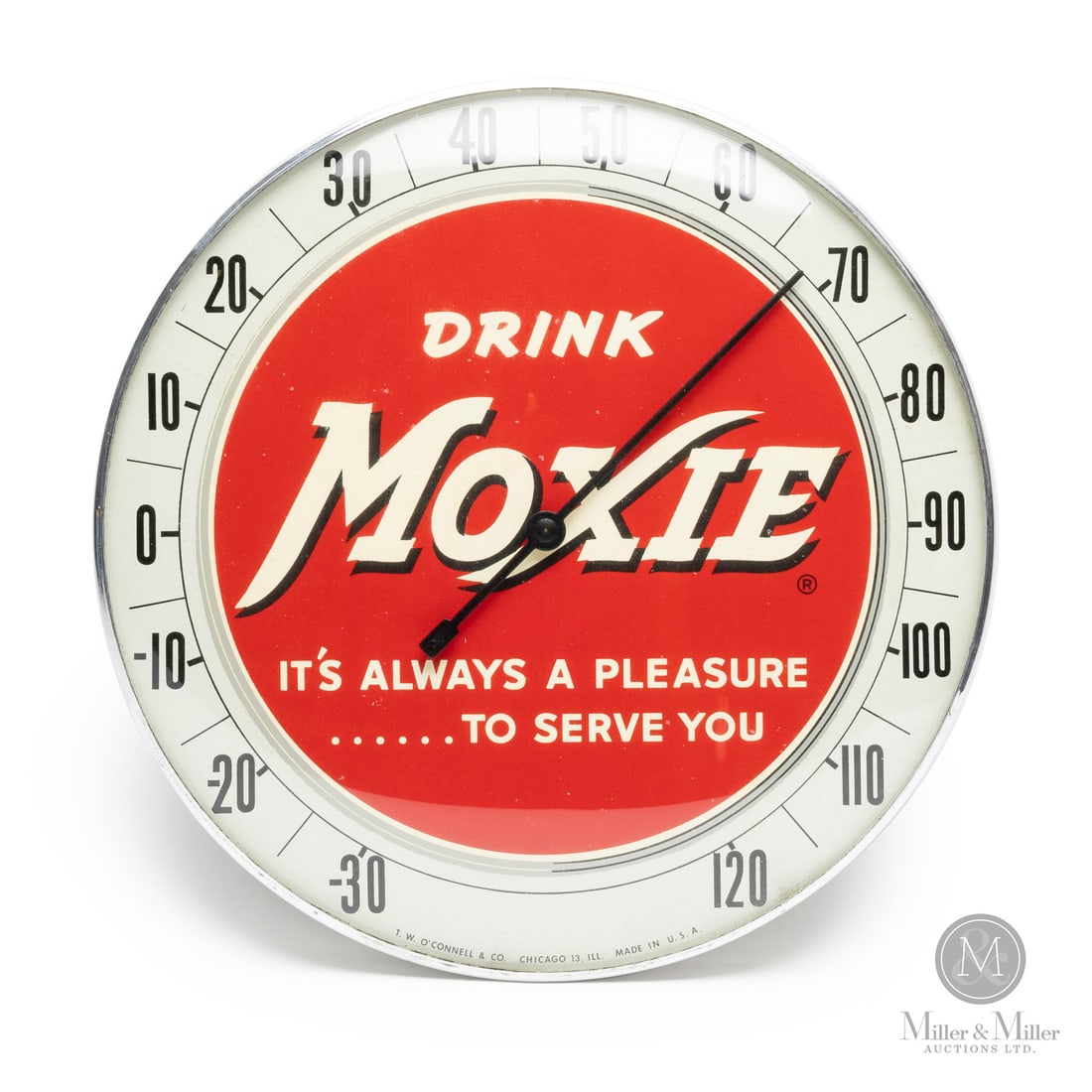 Moxie Soda "It's Always Been A Pleasure...To Serve You" Thermometer: American. 1960s. Lithographed tin dial thermometer. Original glass crystal. Aluminum frame. Marked, “T.W O’Connell & Co. Chicago 13, Ill Made in USA”, lower edge. All items are