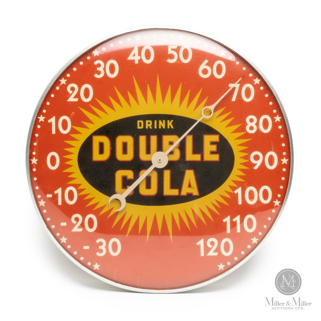 Double Cola Thermometer: American. 1960s. Lithographed tin dial thermometer. Original glass crystal. Aluminum frame. All items are guaranteed authentic by Miller & Miller Auctions. Size 12" Dia. x 1.25". Condition Excellent c