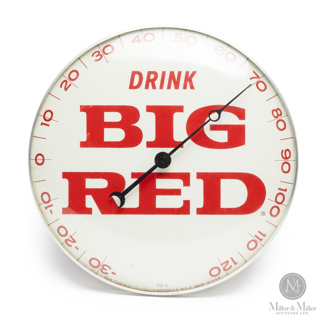 Big Red Soda Thermometer: American. 1960s. Lithographed tin dial thermometer. Original glass crystal. Aluminum frame. Dial marked, "RD-5 Pam clock co inc. New Rochelle NY F Made in USA", lower edge. All items are guaranteed au