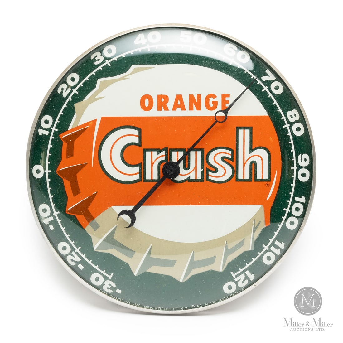 Orange Crush Bottle Cap Thermometer: American. 1958. Lithographed tin dial thermometer. Original glass crystal. Aluminum frame. Dial marked, "Pam clock co inc. New Rochelle NY ©58 N-120 Made in USA", lower edge. All items are