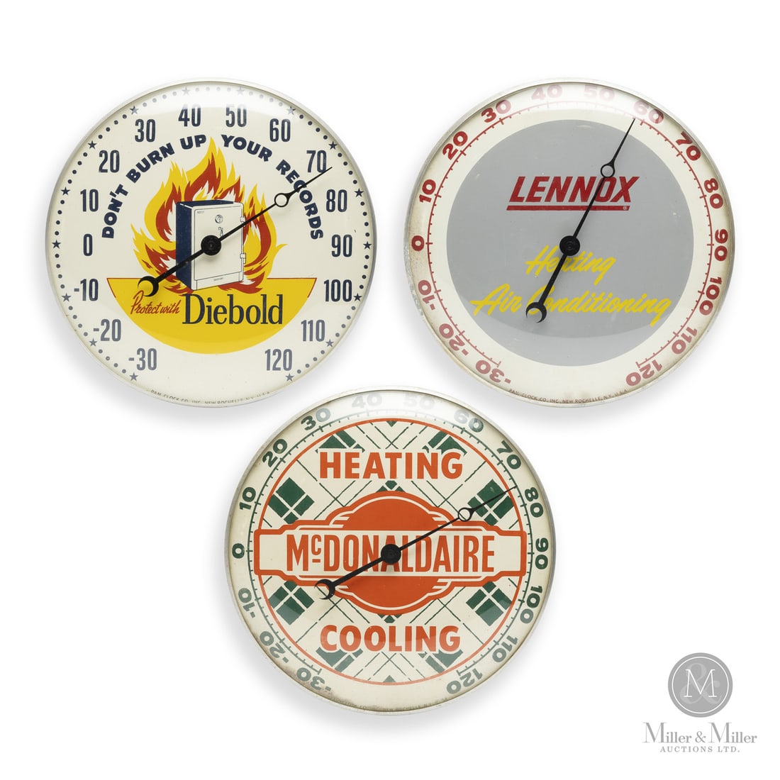 Diebold Safes, Lennox, and McDonaldaire Heating and Cooling Thermometers: American. 1960s. Reverse painted glass. Aluminum body. Dials marked, "Pam clock co inc. New Rochelle NY Made in USA", lower edge. All items are guaranteed authentic by Miller & Miller