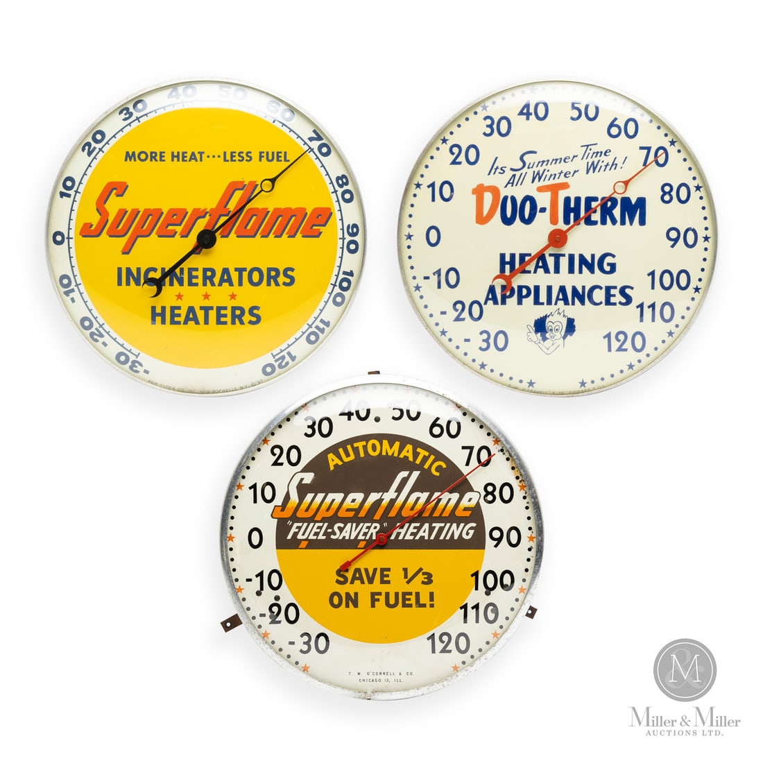 Duo-therm and Superflame Heating Appliances Thermometers: American. 1950s and 1960s. Reverse painted glass. Aluminum body. Automatic Superflame dial marked, "T.W O'Connell & co. Chicago 13 Ill.", lower edge. Duo-Therm dial marked, "T.W O'Connell & co.