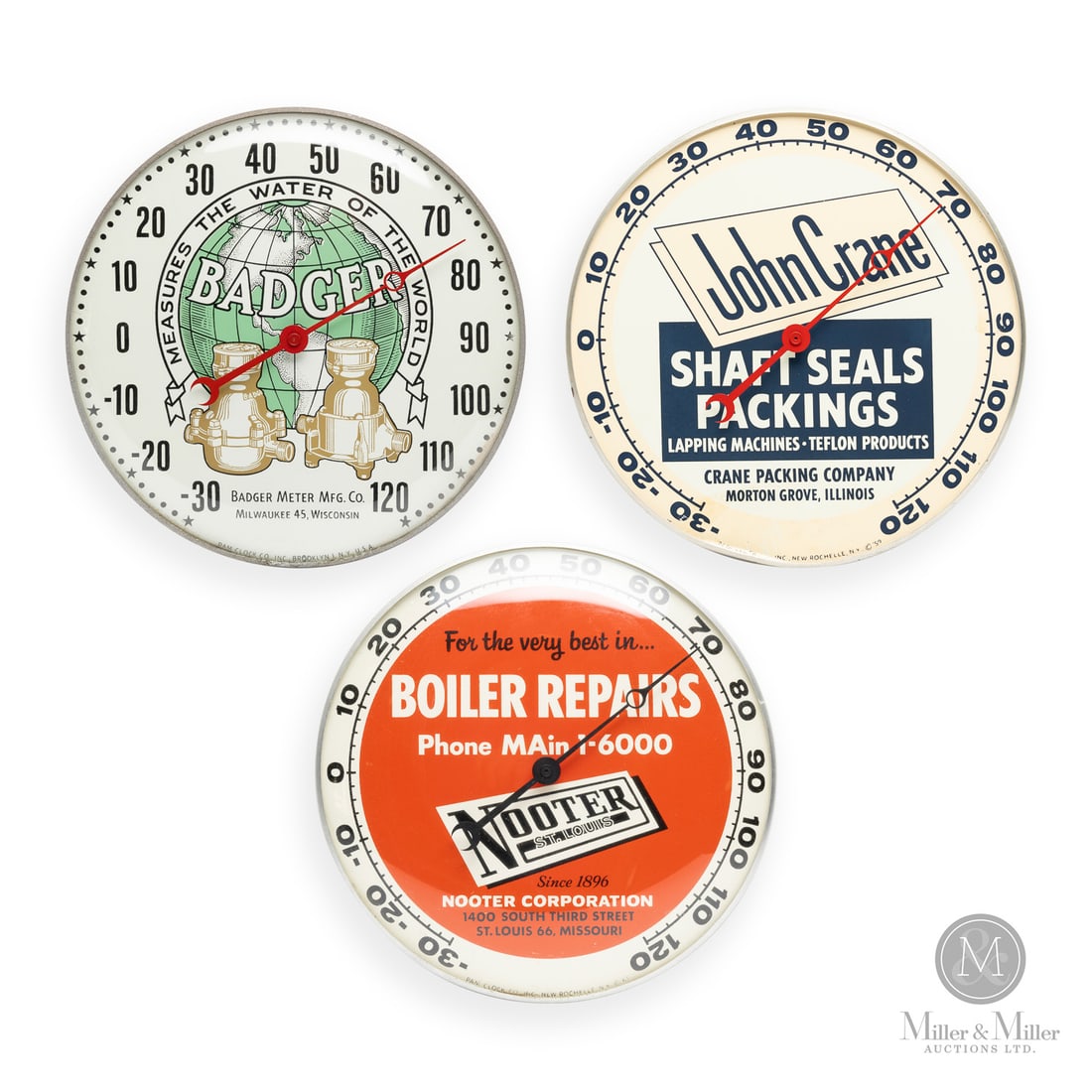 Nooter Boil Repairs, Badger Water Meters and John Crane Shaft Seals Thermometers: American. 1950s and 1960s. Reverse painted glass. Aluminum body. Nooter dial marked, "Pam clock co inc. New Rochelle NY ©61", lower edge. John Crane dial marked, "Pam clock co inc. New Rochelle