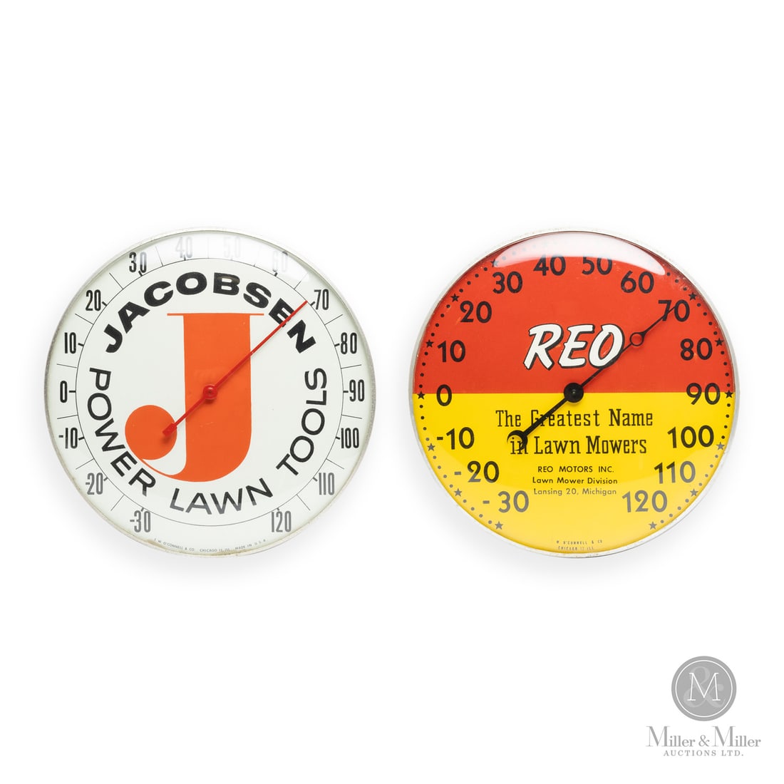REO and Jacobson Lawn Equipment Thermometers: American. 1960s. Reverse painted glass. Aluminum body. Dials marked, "T.W O'Connell & co. Chicago 13 Ill. Made in USA", lower edge. All items are guaranteed authentic by Miller & Miller