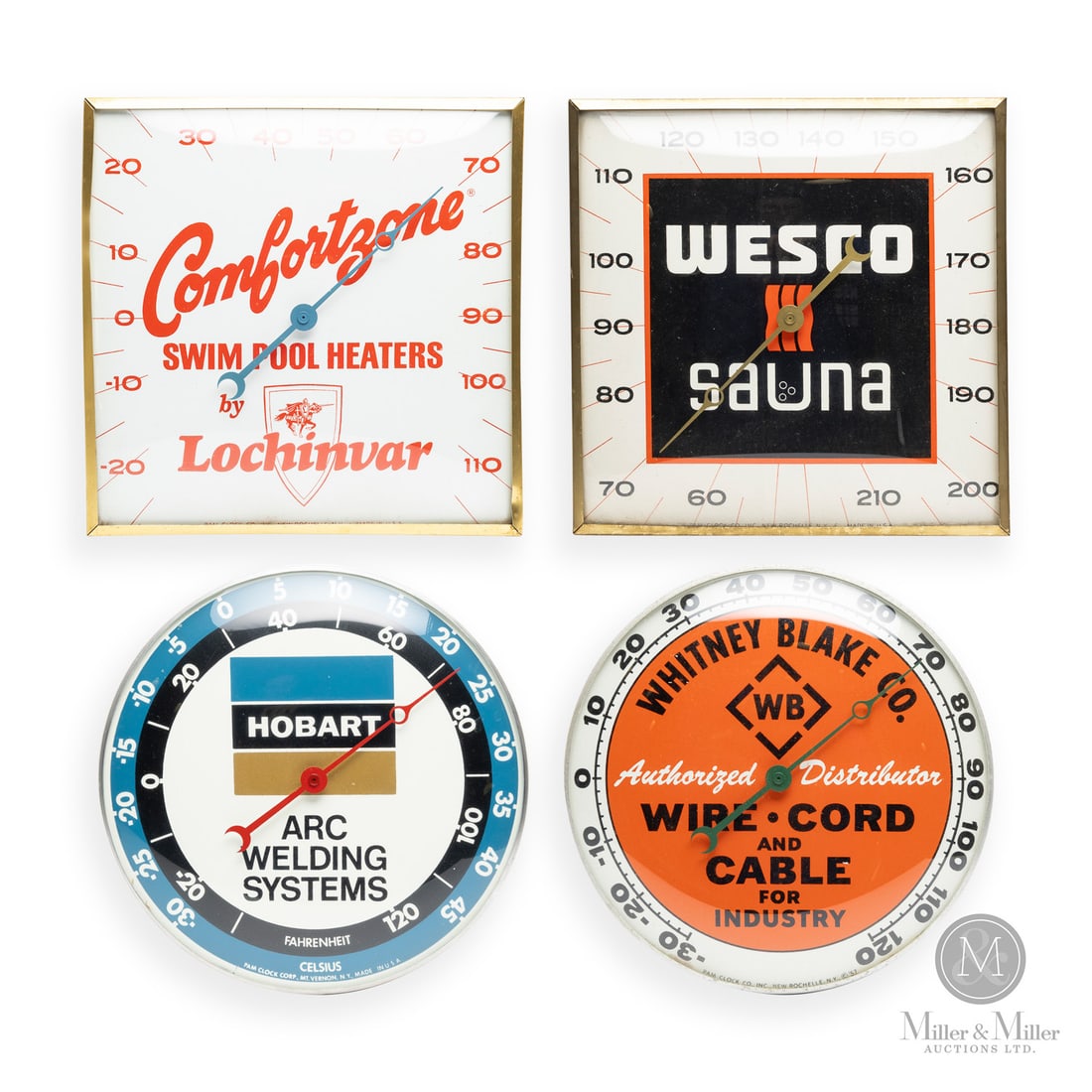 Comfortzone Pool Heaters, Wesco Saunas, Hobart Welding and Whitney Blake Co. Wire Thermometers: American. 1950s and 1960s. Reverse painted glass. Aluminum body. Dial marked, "Pam clock co inc. New Rochelle NY USA ©57", lower edge. All items are guaranteed authentic by Miller & Miller