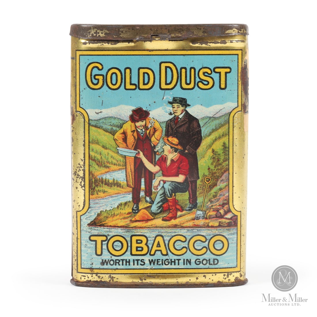 Gold Dust Pocket Tin: Canadian. Late 1800s to early 1900s. Lithographed tin. Like many of the early Canadian pocket tobacco tins, the Gold Dust tin is also considered among the rarest and most desirable Canadian pocket tob