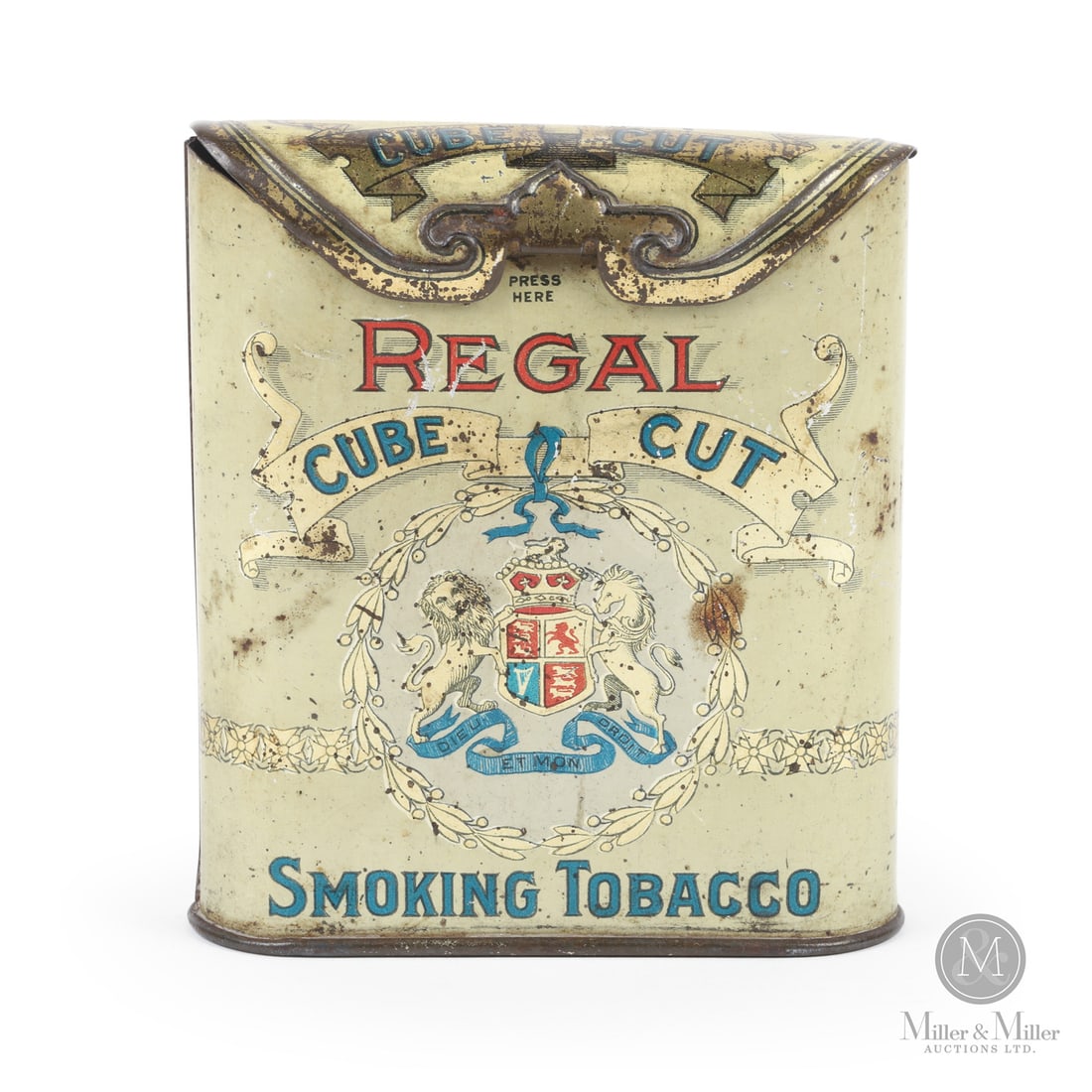 Regal Cube Cut Pocket Tin: Canadian. 1920s/1930s. Lithographed tin. An early pocket tobacco tin, with flip-top lid, from the Imperial Tobacco Company of Canada (founded in 1906). The "flip-top" lids were used in Canada on just