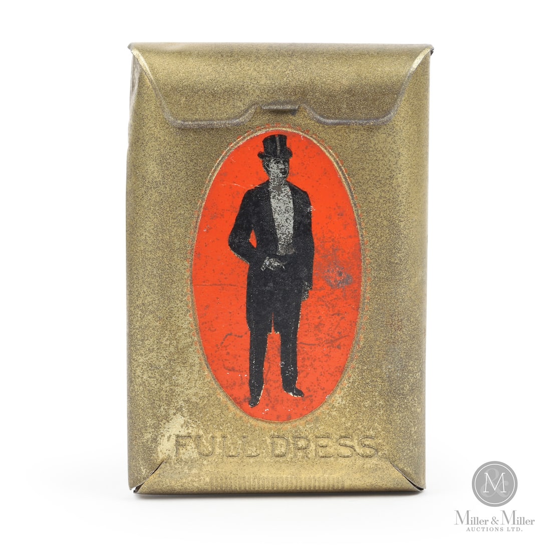 Full Dress Tobacco Pocket Tin: American. 1930s. Embossed lithographed tin. All items are guaranteed authentic by Miller & Miller Auctions. From the late Marcel Gallays Collection. Size 4.5" x 3" x 1". Condition Retains excellent co