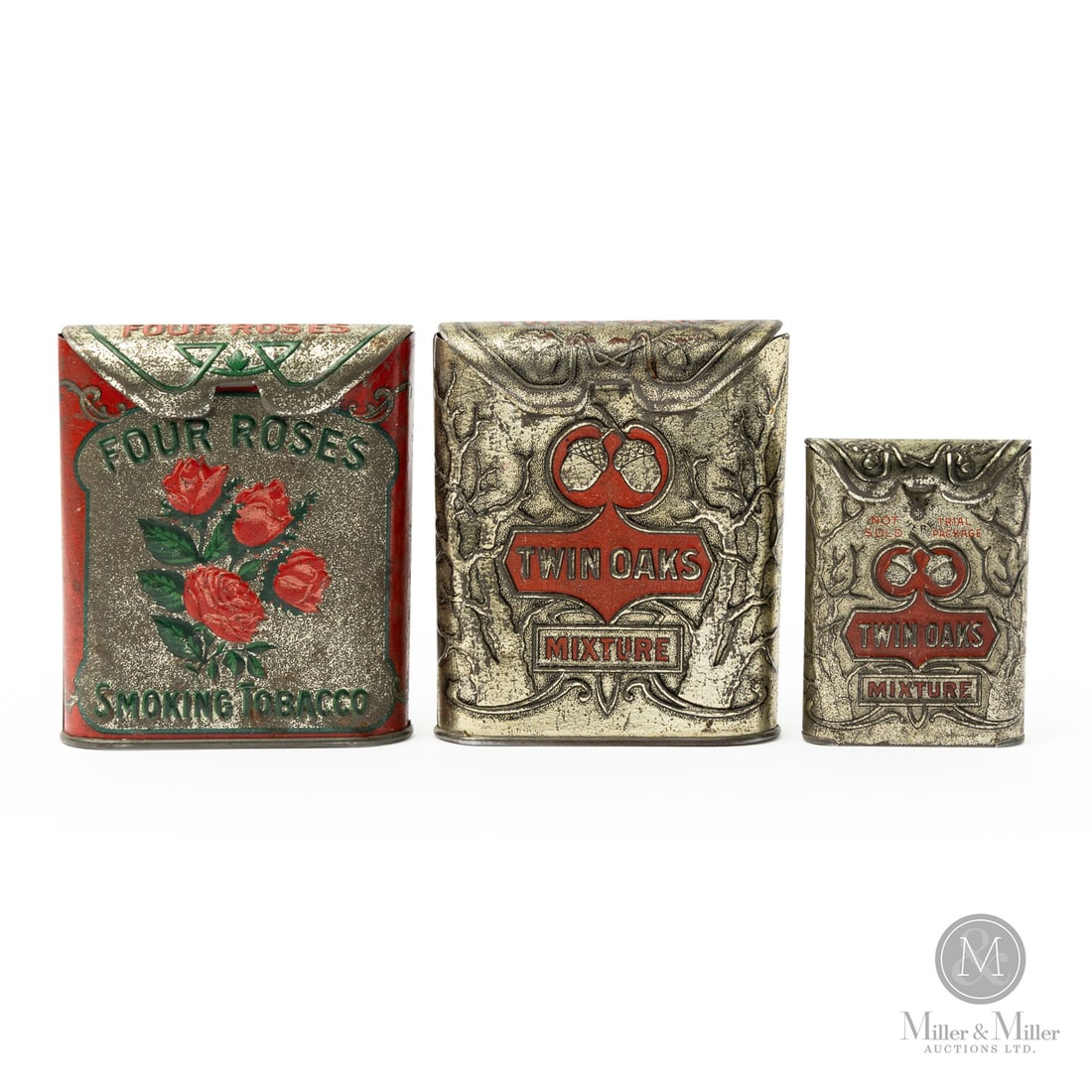 Four Roses and Twin Oaks Tobacco Pocket Tins: American. 1930s. Embossed lithographed tin. Four roses marked, "Patent Applied For", lower edge of side. All items are guaranteed authentic by Miller & Miller Auctions. From the late Marcel Gallays