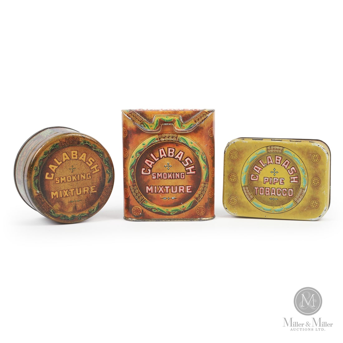 Calabash Pocket Tin 2 oz Canister and Pipe Tobacco Box: Canadian. 1910s/1920s. Embossed lithographed tin. The Calabash smoking mixture tin was made in Montreal, Quebec, by the Imperial Tobacco Co. of Canada. The pocket tin is the fold-over lid variation (a