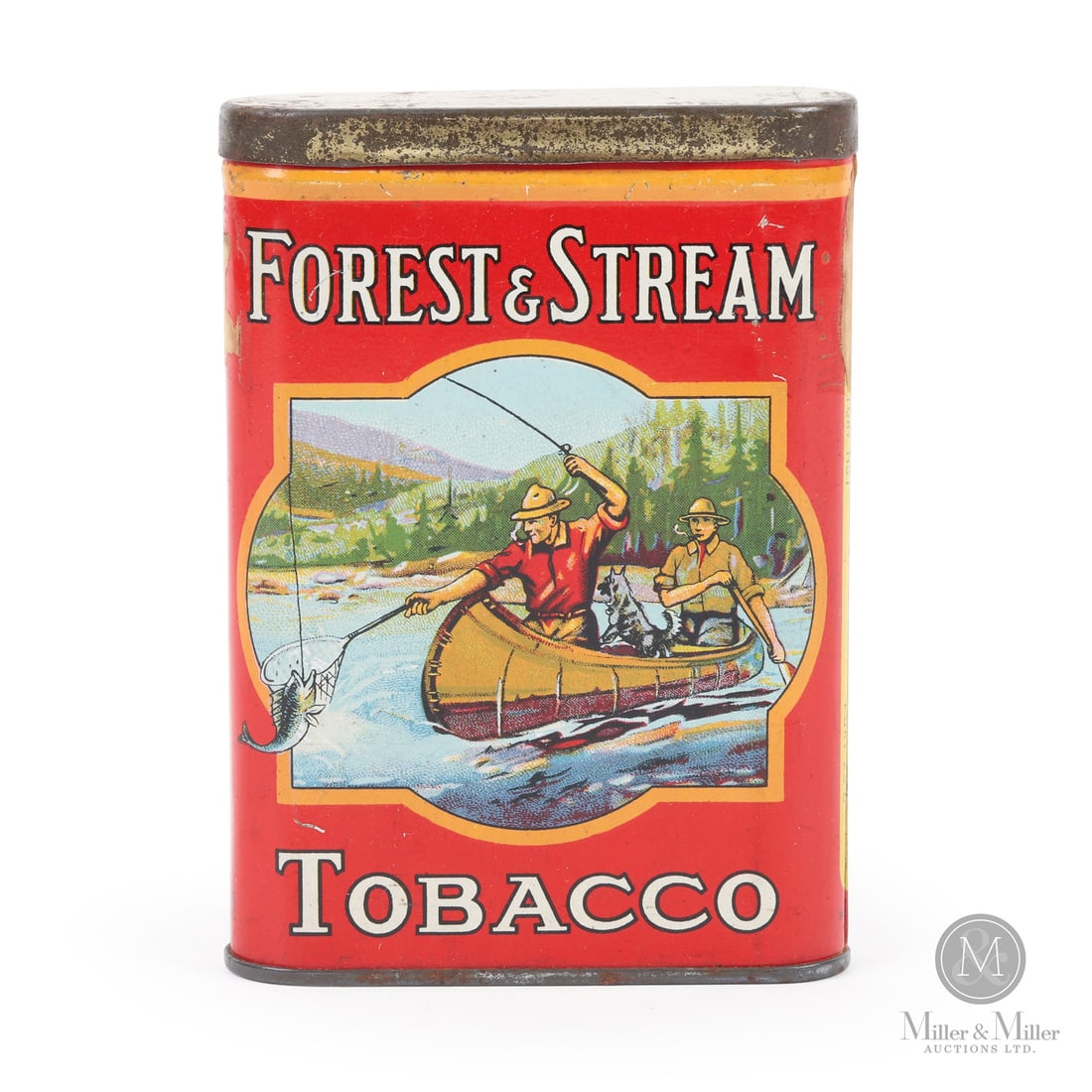 Forrest & Stream Pocket Tin: Canadian. 1930s. Lithographed tin. Variation showing a man in a canoe netting a fish. Marked, "IMPERIAL TOBACCO CO. OF CANADA LIMITED", lower edge of side. All items are guaranteed authentic by Miller