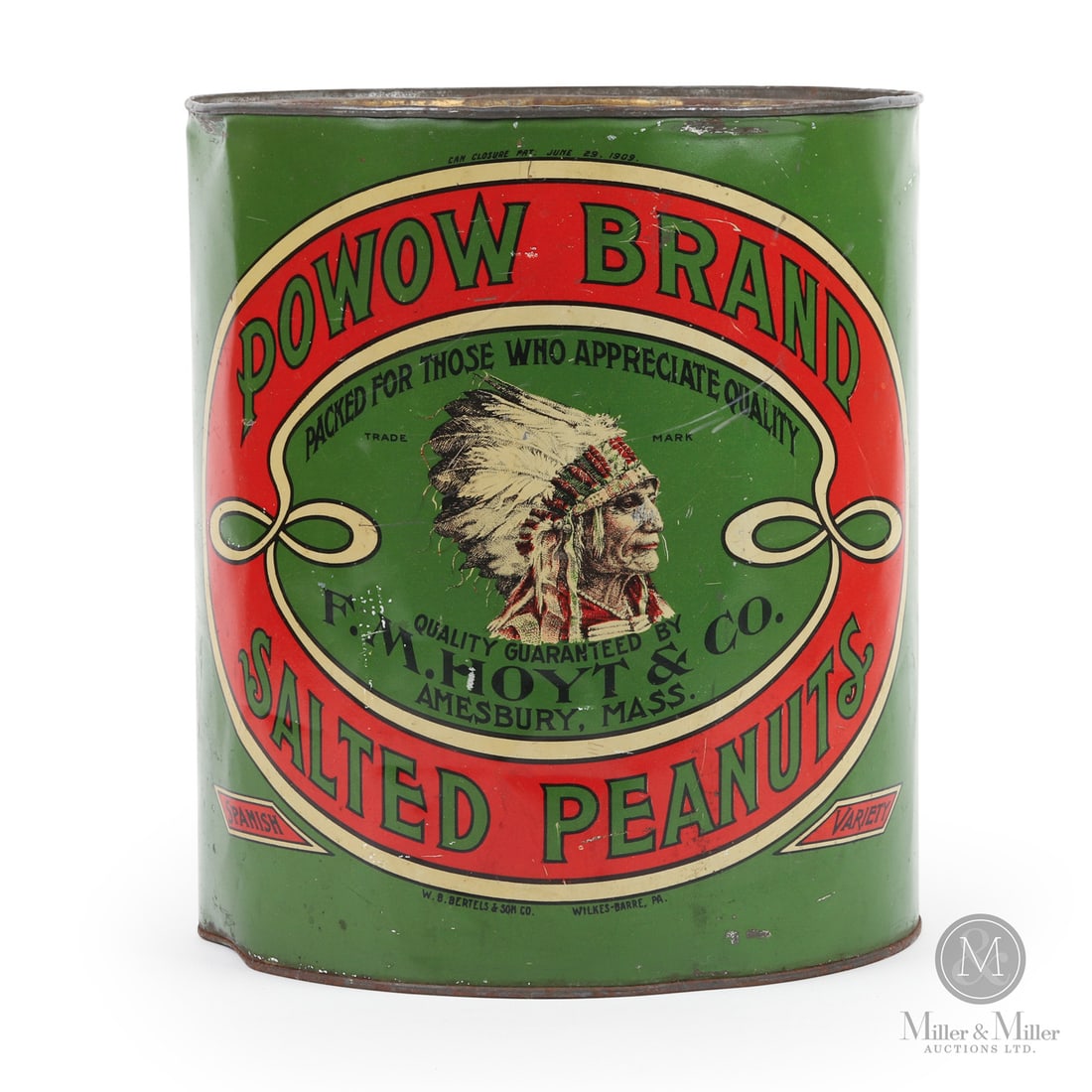 F.M. Hoyt & Co. Powwow Brand Salted Peanuts 11 LB Tin: American. 1910s. Lithographed tin. Marked, "W.B. Bertels & Son Co. Wilkes-Barre PA", lower quarter of front. Authenticated by The Authentication Company (TAC #501398). All items are guaranteed authent
