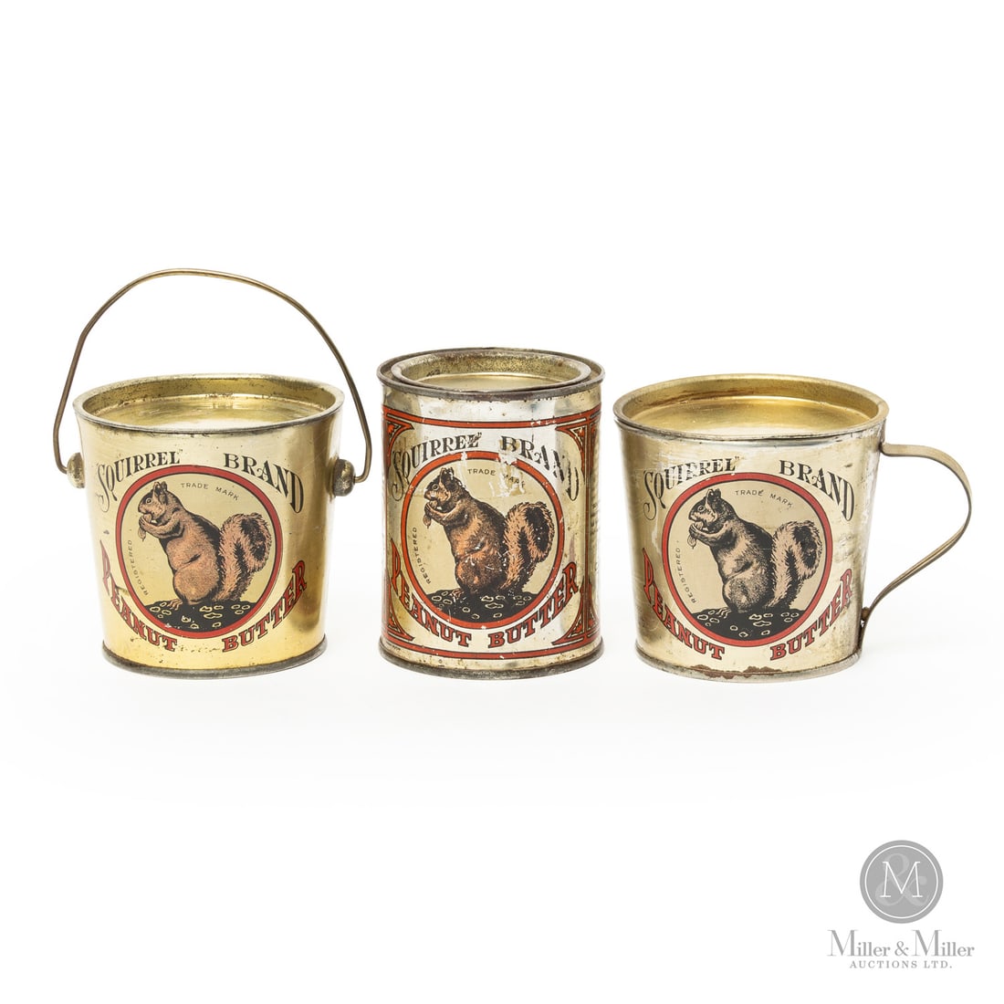 Early Squirrel Peanut Butter 1 LB Tins: Canadian. 1920s. Lithographed tin. Each marked, "American Can Co. Ltd.", lower edge rear. All items are guaranteed authentic by Miller & Miller Auctions. From the late Marcel Gallays Collection. Size