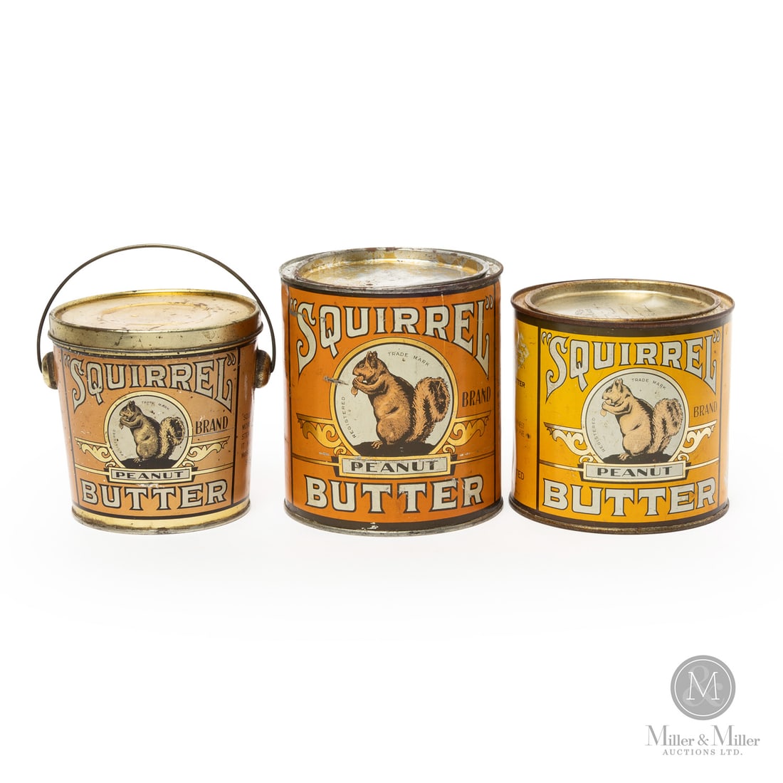 Squirrel Peanut Butter 57oz, 50oz and 34oz Tins: Canadian. 1930s. Lithographed tin. Features a Victorian repeating image. Each marked, "A.C.Co", lower edge next to seam. All items are guaranteed authentic by Miller & Miller Auctions. From the late