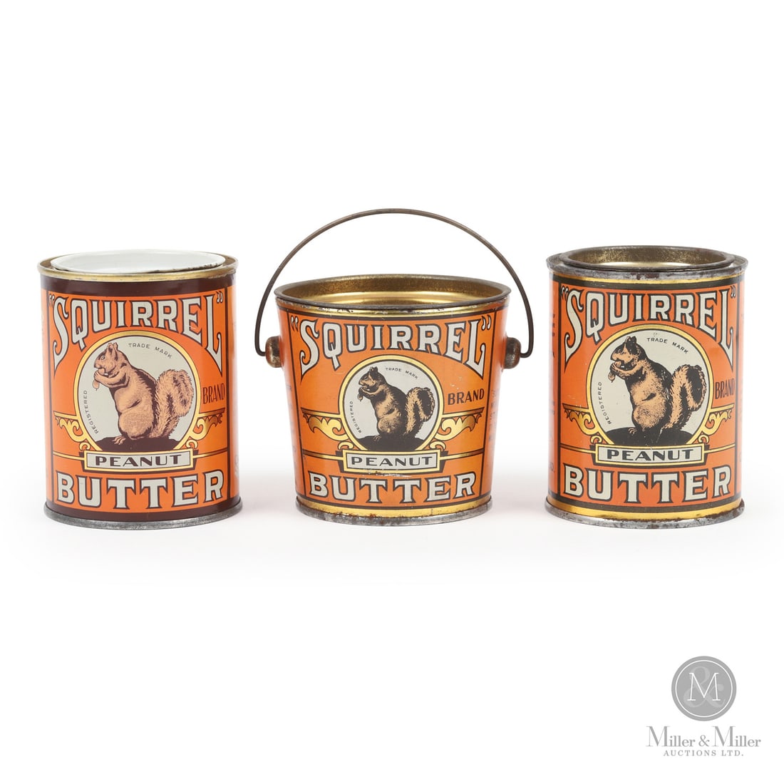 Squirrel Peanut Butter 1 LB Tins: Canadian. 1930s-1940s. Lithographed tin. Each marked, "A.C. Co.", lower edge next to seam All items are guaranteed authentic by Miller & Miller Auctions. From the late Marcel Gallays Collection. Size