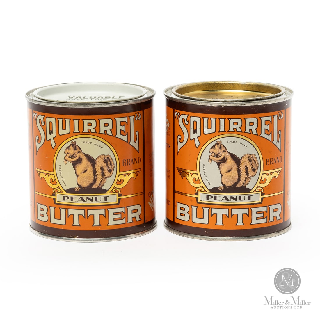 Squirrel Peanut Butter 26 oz Tins: Canadian. 1930s. Lithographed tin. Each marked, "A.C.Co", lower edge next to seam. All items are guaranteed authentic by Miller & Miller Auctions. From the late Marcel Gallays Collection. Size 4.25" x