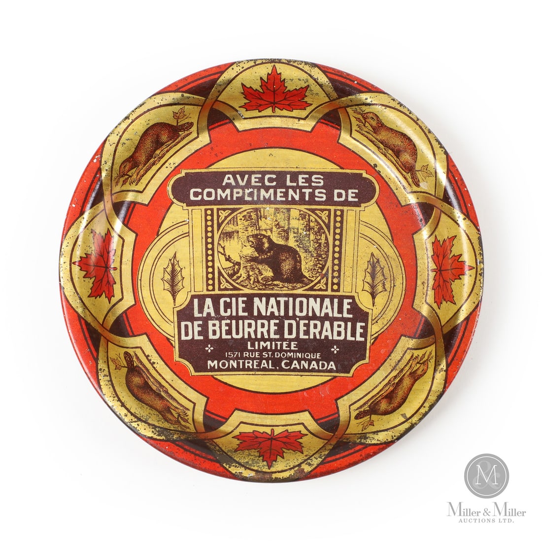 La Cie Nationale de Beurre D'Érable Limitée Tip Tray: Canadian. 1920s. Lithographed tin. Marked, "The Thos Davidson Mfg. Co. Limited, Montreal", on reverse lower edge. All items are guaranteed authentic by Miller & Miller Auctions.Size0.5” x