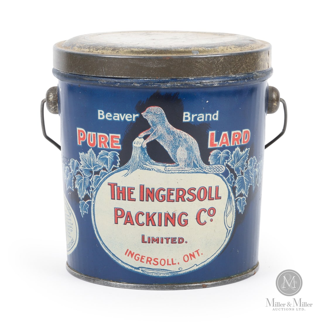 Ingersoll Packing Co. Beaver Brand Lard Pail: Canadian. 1930s. Lithographed tin. Marked, "Macdonald Mfg Co. Limited, Toronto", lower quarter of front. Authenticated by The Authentication Company (TAC #501404). All items are guaranteed authentic b