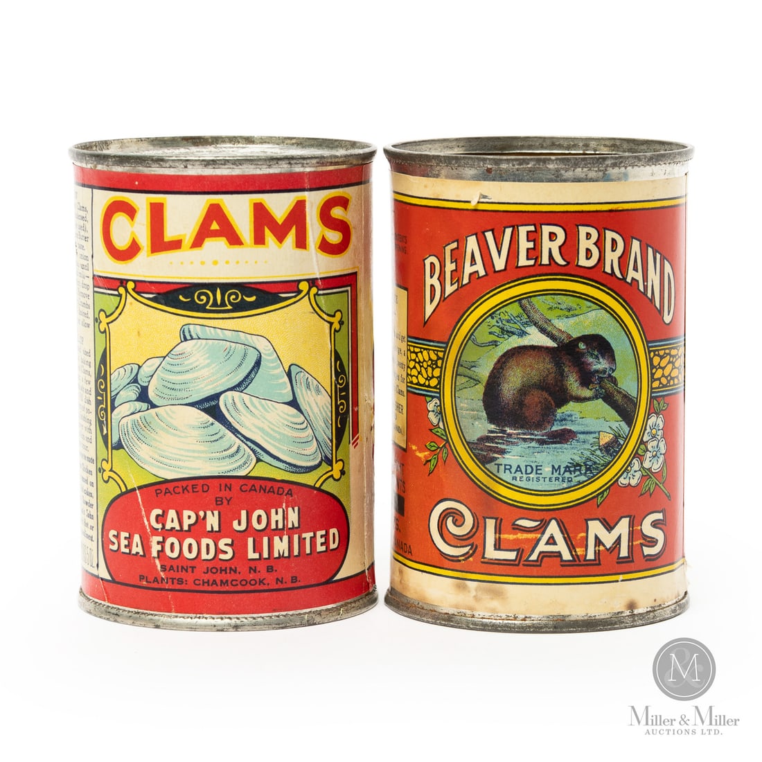 Cap'n John and Beaver Brand 5oz Clam Tins: Canadian. 1930s. Lithographed paper labels on tin cans. Beaver brand marked, "Miller Litho Co. Limited, Toronto, Canada", on reverse lower edge. All items are guaranteed authentic by Miller & Miller
