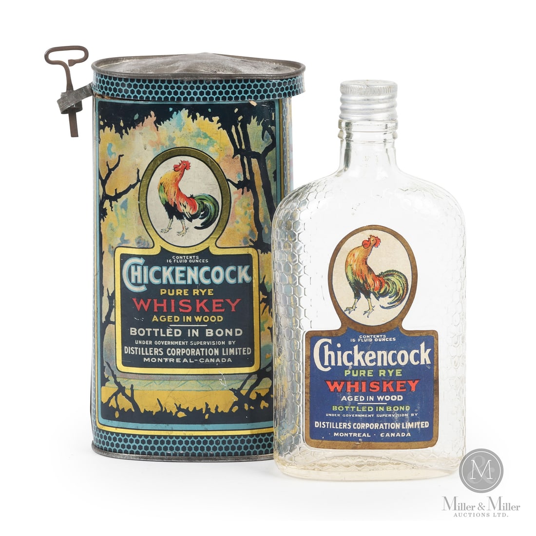 Chickencock Whisky Bottle and Tin: Canadian. 1930s. Lithographed tin. Glass bottle with applied paper label. All items are guaranteed authentic by Miller & Miller Auctions. From the late Marcel Gallays Collection.Size8" x 4.25" x