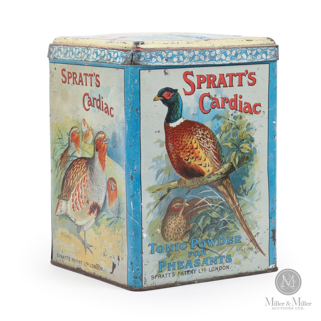 Spratt's Cardiac Tonic Powder Tin: British. 1920s. Lithographed tin. Marked, by a British tin maker, on the edge of lid above hinge. Authenticated by The Authentication Company (TAC #501394). All items are guaranteed authentic by