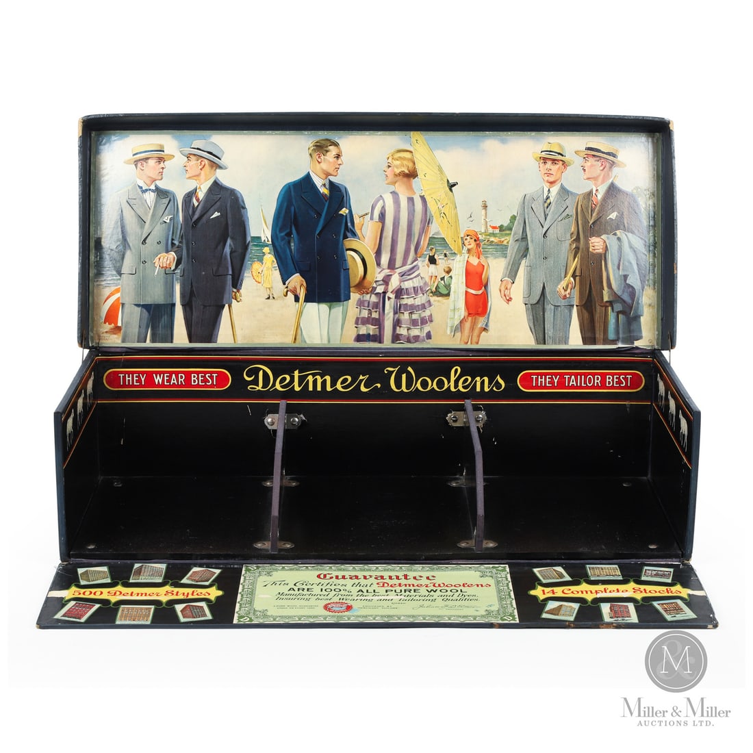 Detmer Woollens Department Store Display Box: American. 1920s. Lithographed cardboard, paper. Highly detailed paper lithograph label under the lid that folds out when displayed. It shows a very colourful graphic of some people by the sea,
