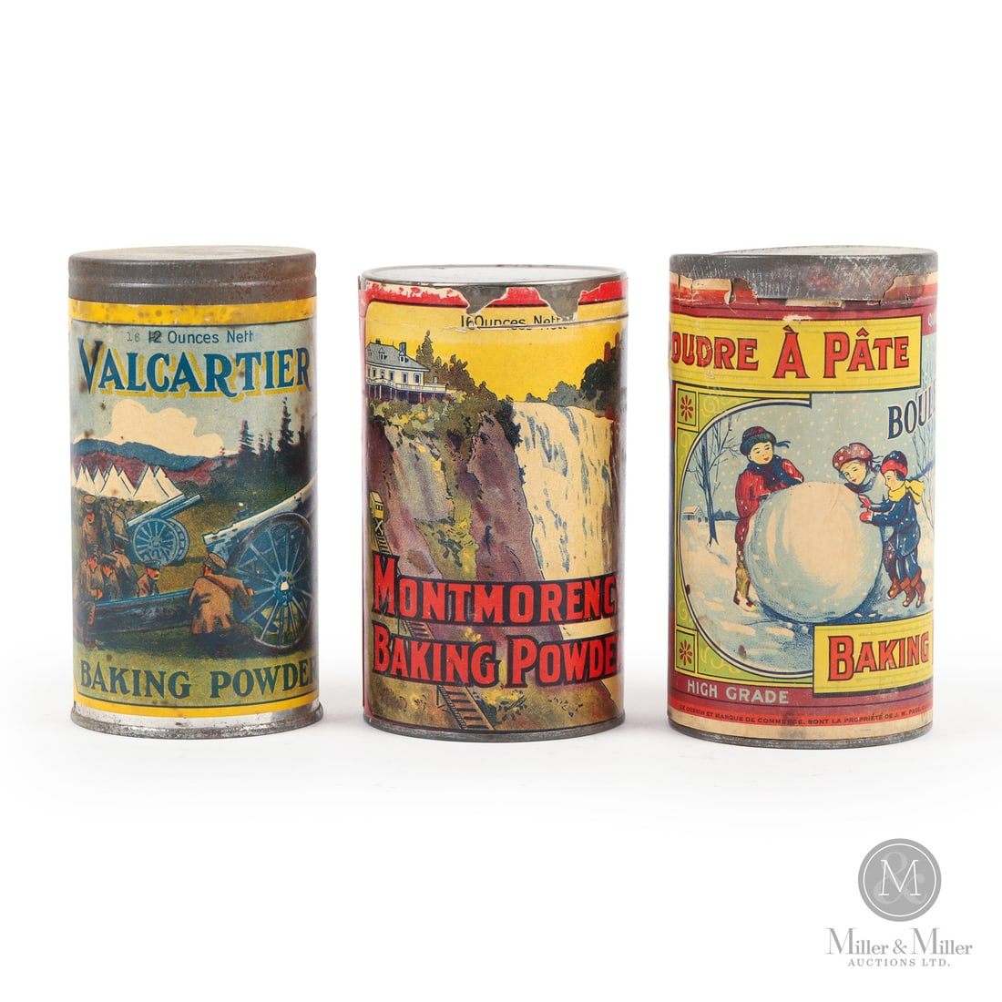 Valcartier, Snowball and Montmorency Baking Powder Canisters: Canadian. 1900s. Lithographed paper label on tin. Marked, by manufacturer, lower reverse edge. All items are guaranteed authentic by Miller & Miller Auctions.Size5.5” x 3” Dia. and