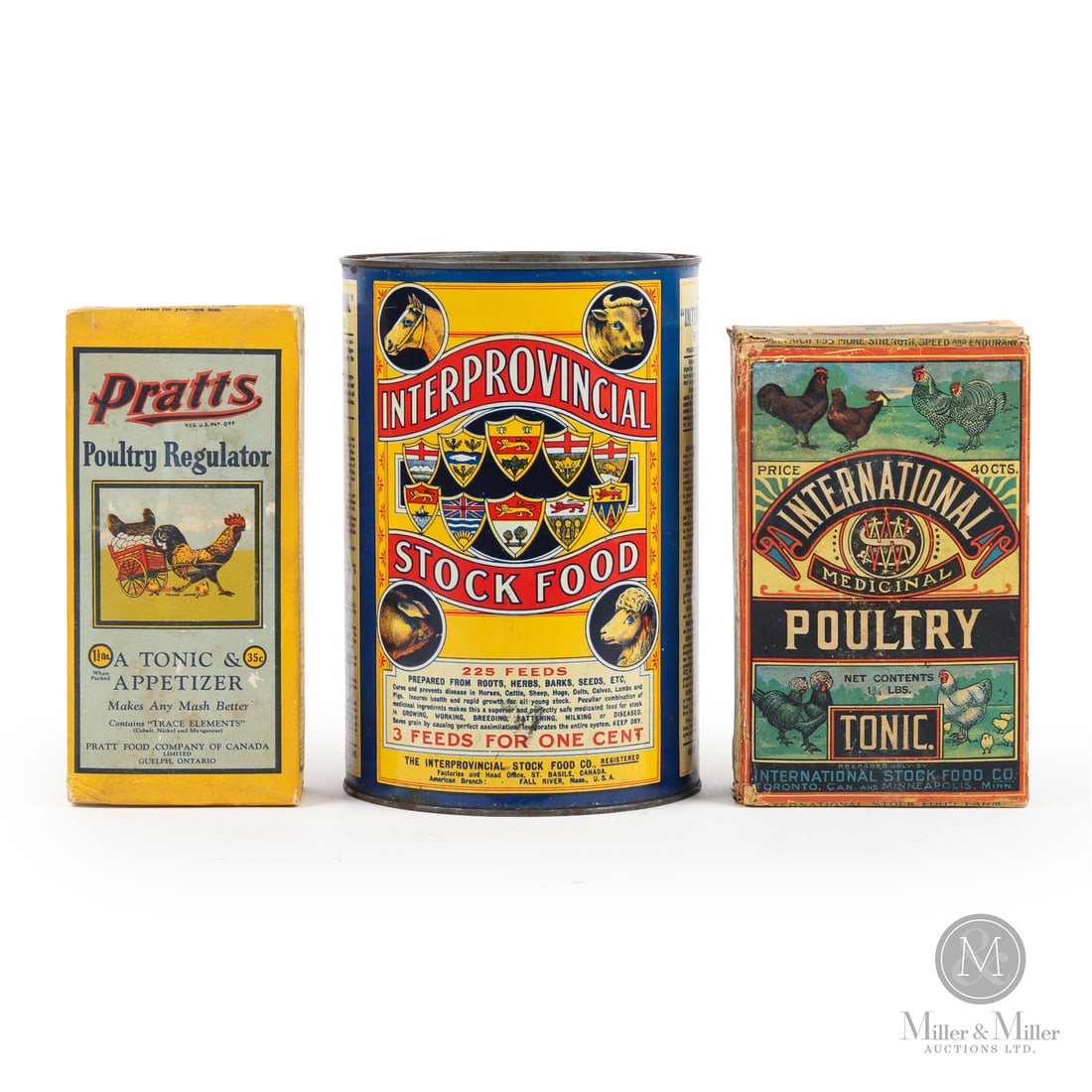 Poultry Tonic & Stock Food Tin and Boxes: Canadian. 1920s. Lithographed tin, cardboard. Interprovincial Stock Food marked, "General Steel Wares Limited, Montreal", lower edge reverse. All items are guaranteed authentic by Miller & Miller Auct