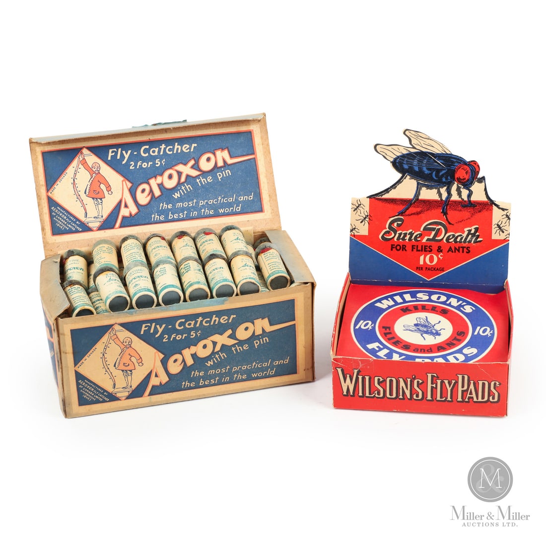 Aeroxon and Wilson’s Fly Pads Store Displays: Canadian. 1930s-1940s. Lithographed cardboard. Each display box includes a quantity of product in its original packaging. Wilson’s marked, "Made by The Wilson's Fly Pad Co., Hamilton, Ont",