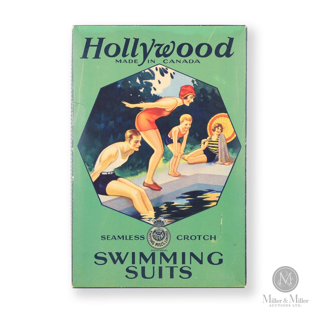 Hollywood Swimming Suits Box: Canadian. 1930s. Lithographed cardboard. Marked, "Licensed for Use on Hercules Makeup Machine - Patented 1923-1925 H.J. Jones-Sons, Limited, London, Canada", inner side of box lid. All items are