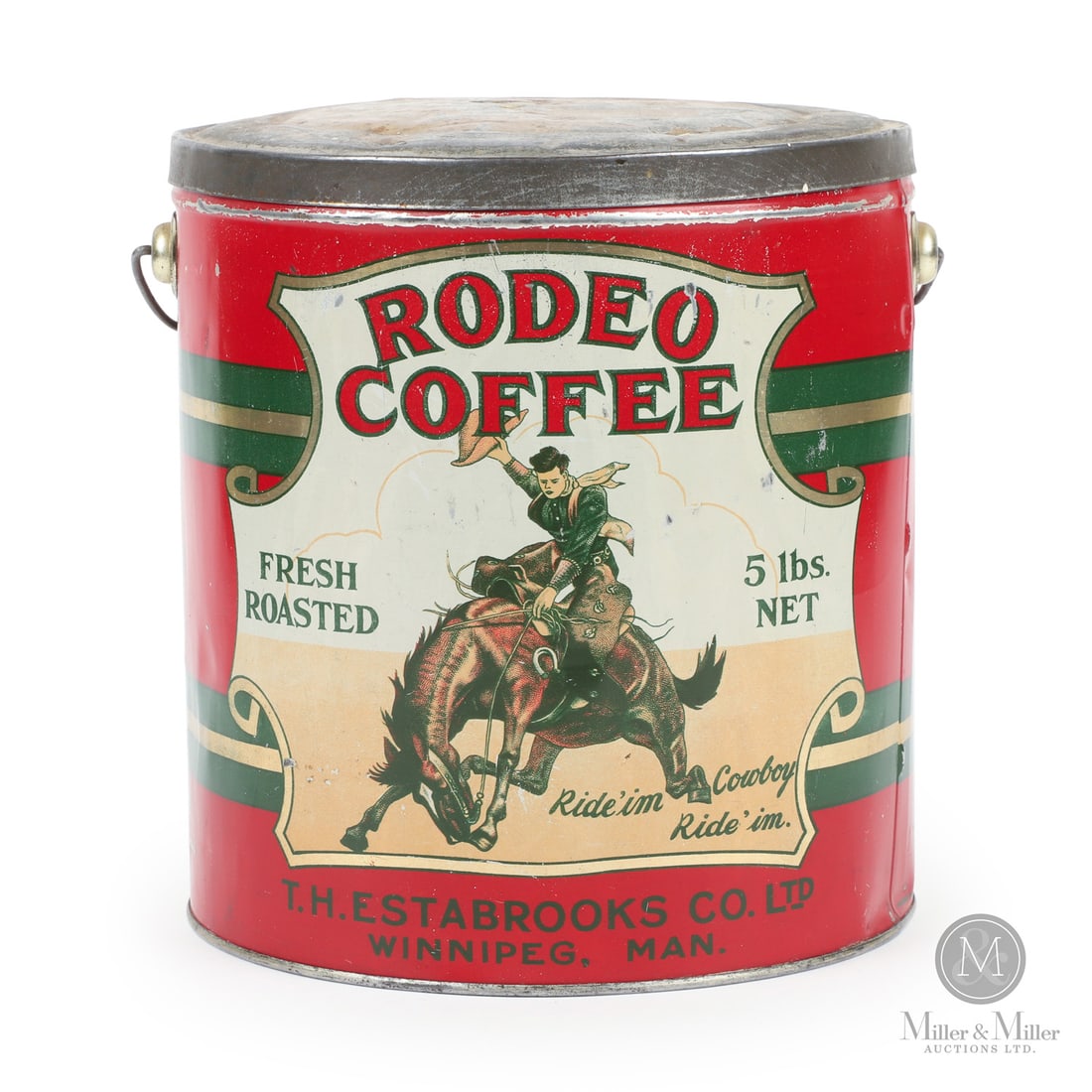 Estabrooks, Winnipeg Rodeo Coffee 5 Lb Tin: Canadian. 1930s. Lithographed tin. Marked, "Macdonald Mfg Co. Limited, Toronto", lower edge next to seam. Authenticated by The Authentication Company (TAC #501390). All items are guaranteed authentic