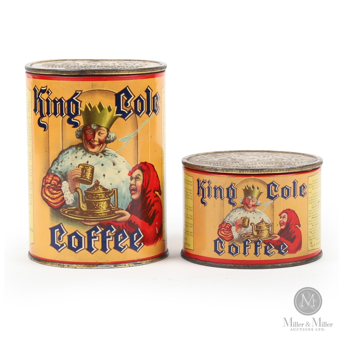 King Cole Coffee Tins: Canadian. 1940s. Lithographed tin. Each marked, "A.C.Co. 31A", lower edge under instructions. All items are guaranteed authentic by Miller & Miller Auctions. Size 6” x 4.5” Dia. and 3̶